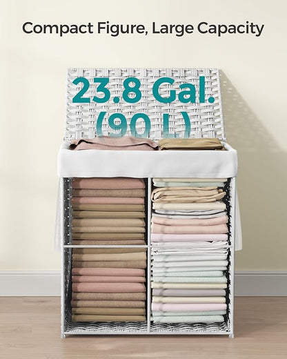 SONGMICS Laundry Hamper with Lid, 23.8 Gallon (90 L) Synthetic Rattan Clothes Laundry Basket with Lid and Handles, Foldable, Removable Liner, Cloud White ULCB51WT