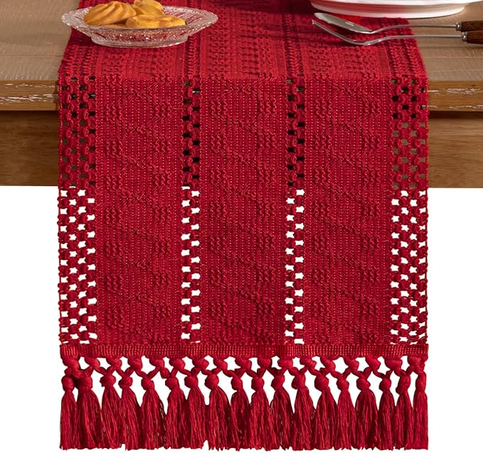 Socomi Boho Table Runner Valentine's Day Farmhouse Rustic Dining Kitchen Centerpiece Decor Small Macrame Woven Cotton Linen Coffee Table Runner for Dresser Scarf Home Decor 12x60 in Red