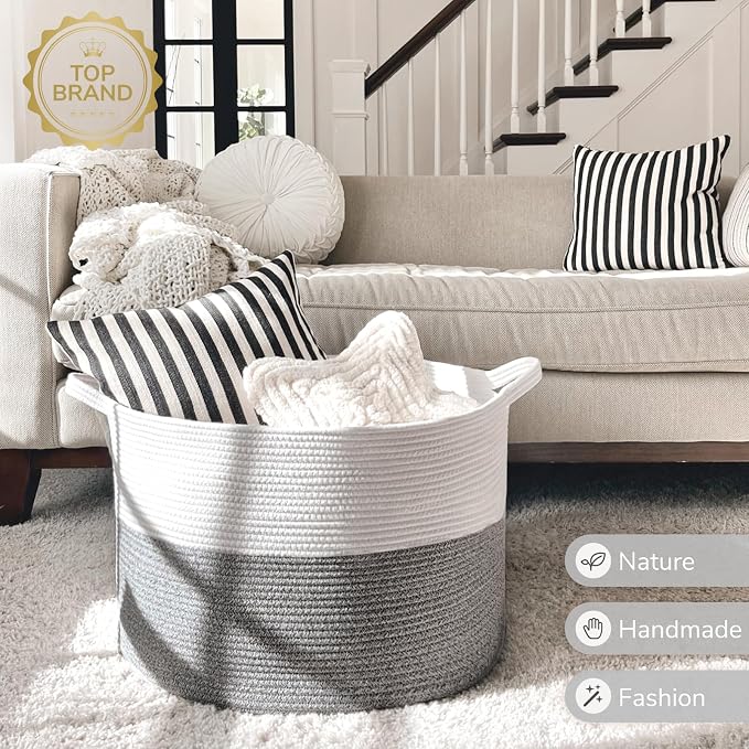 INDRESSME Large Storage Basket, 21.7'' x 13.8'' Cotton Rope Blanket Basket Living Room, Toy Organizers and Storage with Handles for Kids, Laundry Baskets for Clothes, Towel, 90L Grey