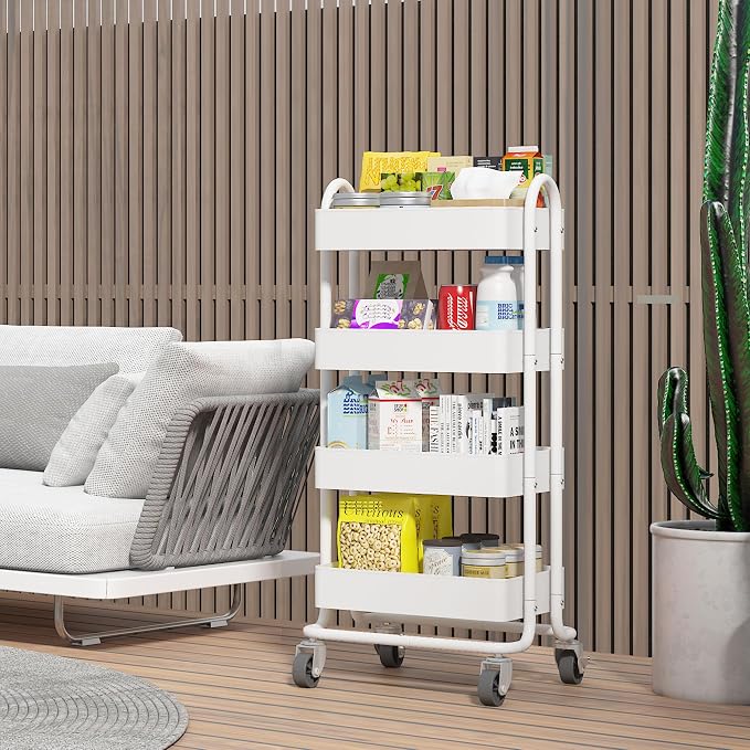 4 Tier Metal Rolling Cart with Wheels,4 Tier Utility Cart with Wheels for Office,Home,Kitchen,Garden（13.4"x18.1"x40"） White