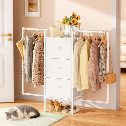 48.03” W Dresser with 2 Hanging Racks, 3 Drawers Dresser Closet for Bedroom, Fabric Kids Chest of Drawers with Clothes Rack, Small Dresser with Wooden Top, White Dresser for Bedroom
