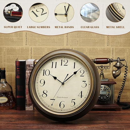 Plumeet Small Metal Wall Clock, 10'' Non Ticking Classic Silent Iron Wall Clocks Decorative Kitchen Living Room Bedroom, Arabic Numerals, Battery Operated (10'', Brown)