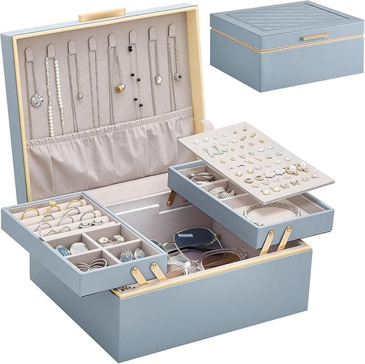 Lolalet Jewelry Box Organizer for Women Girls, 2 Layer Jewelry Organizers and Storage for Necklace Earrings Rings Bracelets, Large Jewellery Holder Case Birthday Gifts -HazeBlue