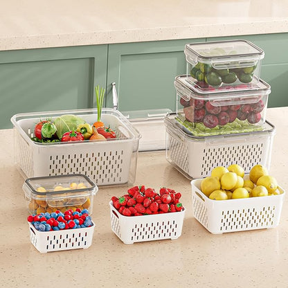 5 Pack Fruit Storage Containers for Fridge with Removable Colanders - Food Storage Containers with Lids, BPA-Free Produce Containers Keep Fruits, Vegetables, Berry, Meat Fresh Longer