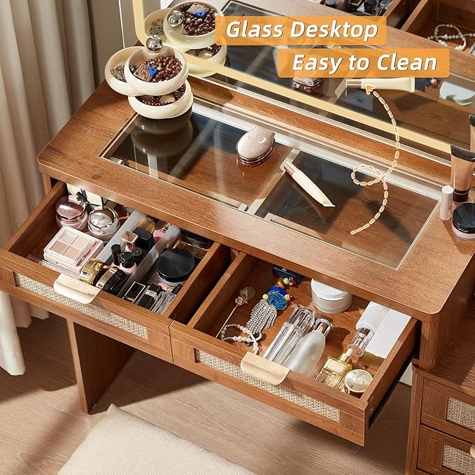 LEYAOYAO Rattan Vanity Desk with Mirror and Lights, 43.5'' Boho Makeup Vanity with 6 Drawers and Adjustable Shelves, Brown Make Up Vanity Dressing Table with Glass Top and Power Outlet for Bedroom