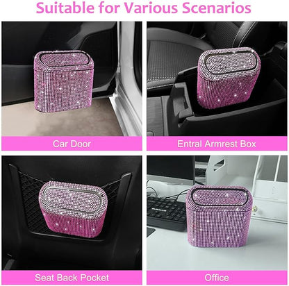 Accmor Bling Car Trash Can with Lid, Vehicle Trash Bin Car Dustbin Garbage Organizer Storage, Sparkling Crystal Mini Auto Trash Bags Holder Container with 30pcs Garbage Bags for Cars, SUV, Truck