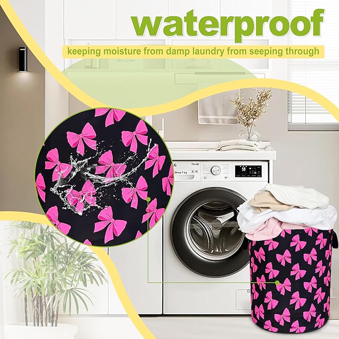 Pink Bow Laundry Basket Funny Bowknot Foldable Waterproof Oxford Cloth Tote Bag Laundry Hamper Round Large Clothes Storage Bucket Toy Organizer For Bathroom/Laundry Storage/Bedroom 18.9x16.5 Inch