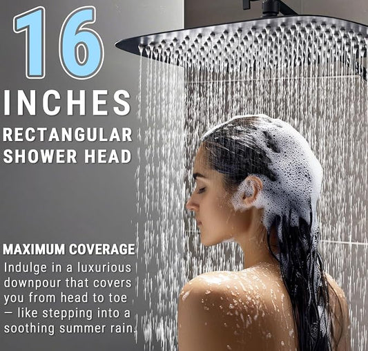 G-Promise All Metal 16 Inch Rain Shower Head with Massage Mode Handheld Spray Combo, 3-Way Diverter with Pause Setting, Full Body Coverage, Modern Bathroom Upgrade (Matte Black)