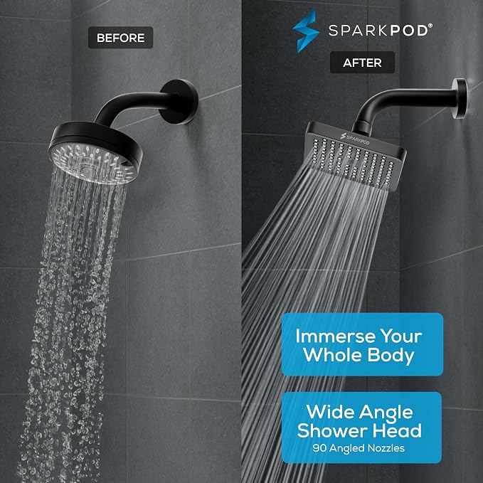 SparkPod Rain Shower Head, 6 Inch Square | High Pressure Shower Heads, 90 Nozzle (Touch-to-Clean), Adjustable Showerhead, No-tool Universal Connection