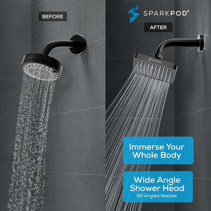 SparkPod Rain Shower Head, 6 Inch Square | High Pressure Shower Heads, 90 Nozzle (Touch-to-Clean), Adjustable Showerhead, No-tool Universal Connection