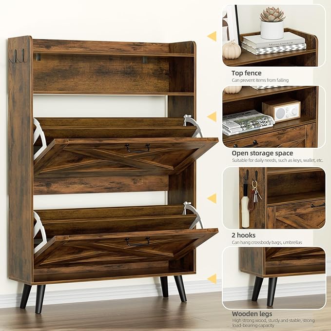 EOYUTLLY Shoe Cabinet with Bench, Entryway Shoe Organizer with 2 Flip Drawers & Open Shelf, Narrow Shoe Storage Cabinet for Entryway, Freestanding Shoe Rack with Legs, Brown