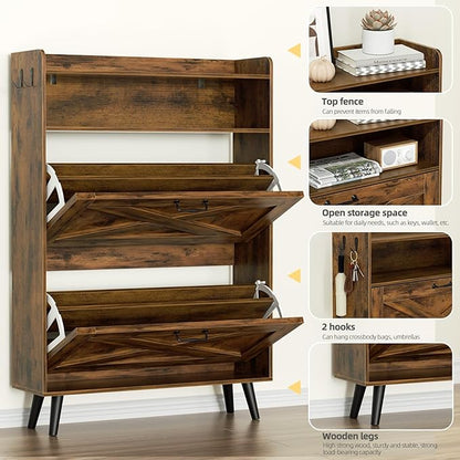 EOYUTLLY Shoe Cabinet with Bench, Entryway Shoe Organizer with 2 Flip Drawers & Open Shelf, Narrow Shoe Storage Cabinet for Entryway, Freestanding Shoe Rack with Legs, Brown