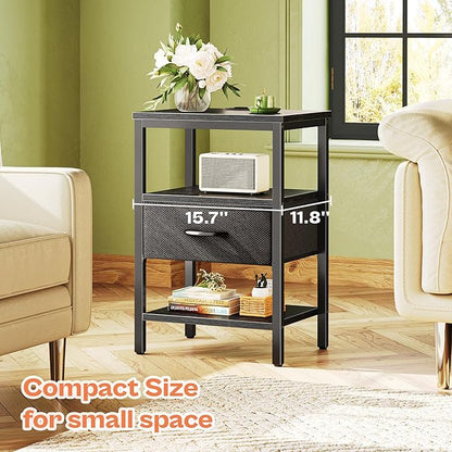 SUPERJARE Nightstand Set of 2, Bed Side Tables with Charging Station, Adjustable Fabric Drawer, Night Stand for Bedroom, 3-Tier Storage End Tables, Black