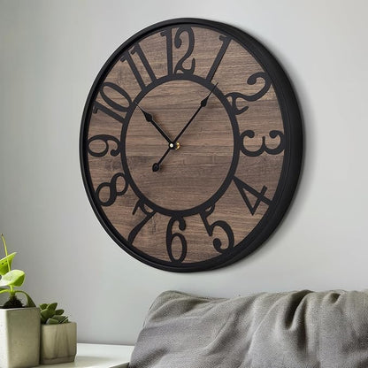 LEIKE Large Wall Clocks for Living Room,Non Ticking Silent,Battery Operated Big Round Modern Wood Wall Clock for Bedroom,Farmhouse,Office,Vintage Home Decor-24 Inch/60CM-Black-Arabic Number