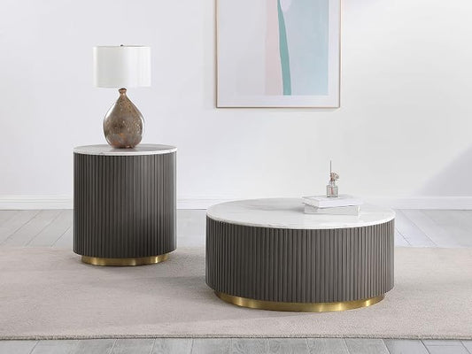 Coaster Home Furnishings - Jason - Wood and Metal - 2-Piece Coffee Table Set with Marble Tops, Reeded Drum Bases, and Gold Ring Accents - Living Room- Charcoal and White Marble - 710418-S2