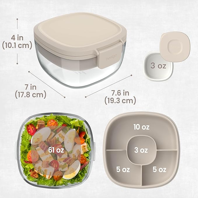 Bentgo Glass Salad Container - 7.6-Cup Salad Bowl with Airtight Lid, Leak-Proof Sauce Container, 4-Compartment Bento Tray & Reusable Fork - BPA-Free for Meal Prep, Office & More (White Stone Tan)