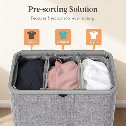 Lifewit 185L 3 Section Laundry Hamper with Lid, Large Laundry Basket with Handles and Removable Bags, Tall Clothes Hamper, Foldable Laundry Sorter for Bedroom Bathroom, Light Gray
