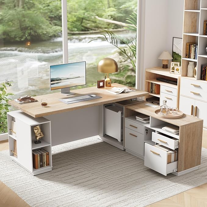 71" Standing Desk with 2 File Cabinet, AC/USB, 1.18" Desktop, L Shaped Height Adjustable Desk, Electric Furniture Set with Multiple Functions for Home and Office, Light Walnut