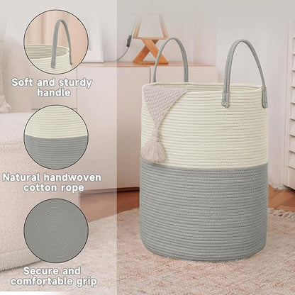 JMvicyroam Large Woven Laundry Basket Hamper,100L Cotton Rope Storage Bin for Blankets,Toys and Clothes,Decorative Tall Nursery Hamper for Living Room,Baby Nursery,Bathroom and Bedroom,White and Grey