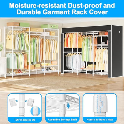 Ulif E13C Heavy Duty Closet Organizer System，Freestanding Clothing Racks for Hanging Clothes，Adjustable Garment Rack 63" W x 16" D x 77" H Hold 960 lbs，White Clothing Rack with Black Dustproof Cover