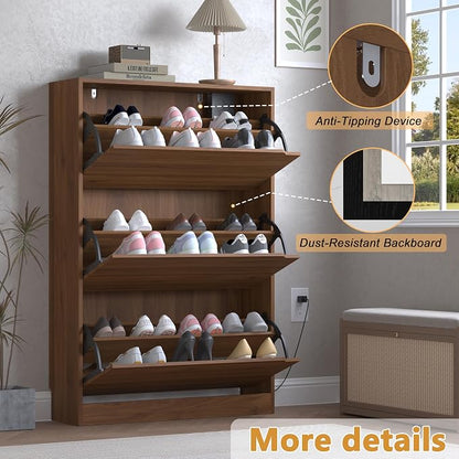 BORNOON Shoe Cabinet with Odor Control and Back Panels, Deodorizing Slim 3-Flip Shoe Storage Cabinet for Entryway, Freestanding Hidden Shoe Rack Organizer for Entrance, Hallway, Bedroom