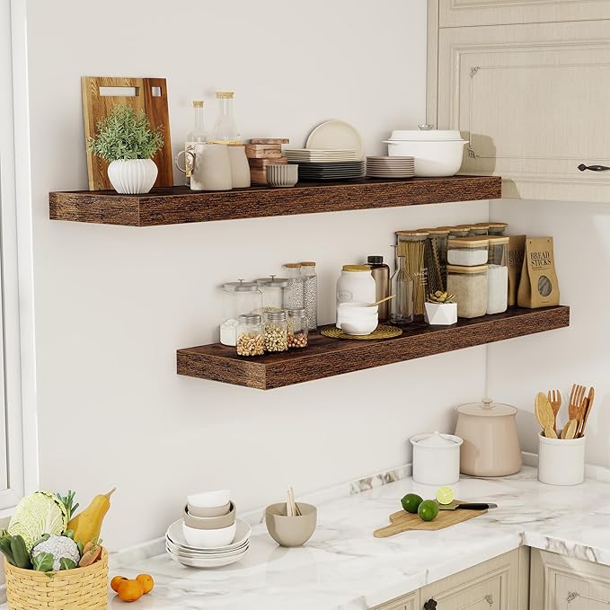 Acovy 55 Inch Floating Shelves, 12" Deep Floating Shelf Wall Mounted, 55" Wall Shelves, Rustic Deep Bookshelf, Extra Deeper & Thicker Display Shelves for Bedroom, Living Room, Brown, Set of 2