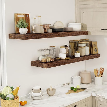 Acovy 55 Inch Floating Shelves, 12" Deep Floating Shelf Wall Mounted, 55" Wall Shelves, Rustic Deep Bookshelf, Extra Deeper & Thicker Display Shelves for Bedroom, Living Room, Brown, Set of 2