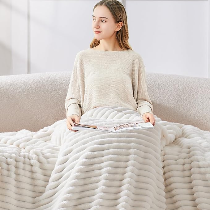 BEDELITE Fleece Throw Blanket for Couch - 300GSM Soft & Warm Fluffy Cream White Blanket, Decorative and Giftable Striped Blankets for Women, Men, 50"x60" (Pack of 2)