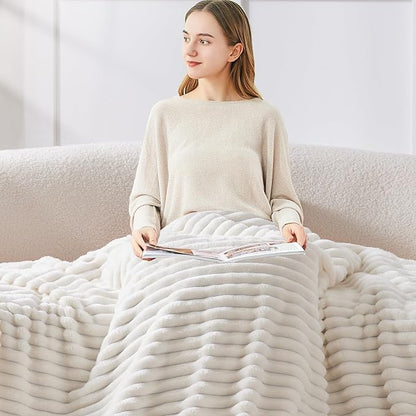 BEDELITE Fleece Throw Blanket for Couch - 300GSM Soft & Warm Fluffy Cream White Blanket, Decorative and Giftable Striped Blankets for Women, Men, 50"x60" (Pack of 2)