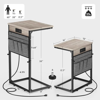 Vagusicc C Shaped End Table with Charging Station, 33"Tall C Table End Table Adjustable Height Side Table for Couch, Sofa Table Slide Under Couch Table TV Tray Arm Table for Living Room, Bedroom, Grey
