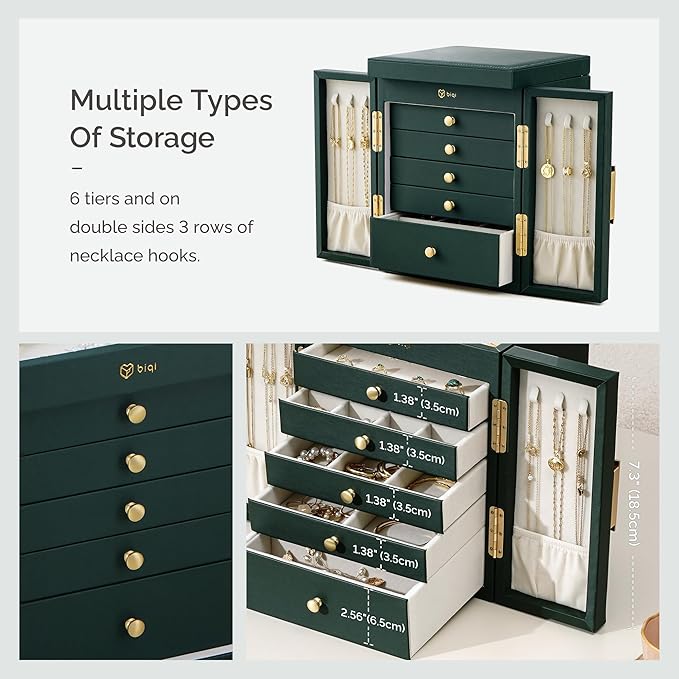 Jewelry Box for Women, 6-Tier Large Jewelry Organizer Box with Mirror, 5 Drawers for Rings Earrings Necklace Bracelets, Exquisite Metal Handle, Dark Green