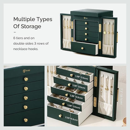 Jewelry Box for Women, 6-Tier Large Jewelry Organizer Box with Mirror, 5 Drawers for Rings Earrings Necklace Bracelets, Exquisite Metal Handle, Dark Green
