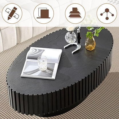Oval Coffee Table, Handcrafted Fluted Drum Coffee Tables Modern Wood Coffee Table Drum Center Table for Living Room, Apartment (Oval Black)