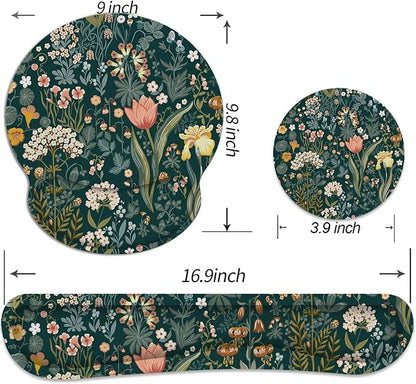 Ergonomic Mouse Pad with Wrist Rest and Keyboard Wrist Rest, Mousepad and Wrist Rest for Computer Keyboard, Pain Relief, Non-Slip Rubber Base, Mouse Pad Wrist Support for Gaming, Green Flowers