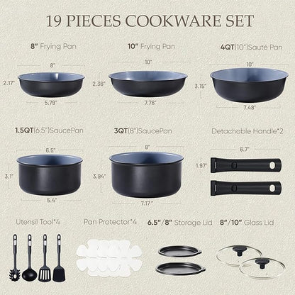 CAROTE 19PCS Ceramic Cookware Sets, Black and Gray, Pots and Pans Set Non Stick Non Toxic, Induction Cookware, Kitchen Cookware Sets, Pots Set for Healthy Cooking