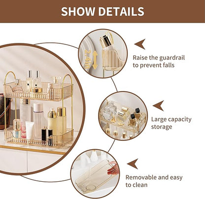 YCIA&DONE Bathroom Organizer Countertop, Makeup Storage, Skincare Cosmetic Tray Shelf, Perfume Holder Rack for Vanity Counter, Large Capacity, Easy to Install, Clean, 2 Tiers, Amber Gold