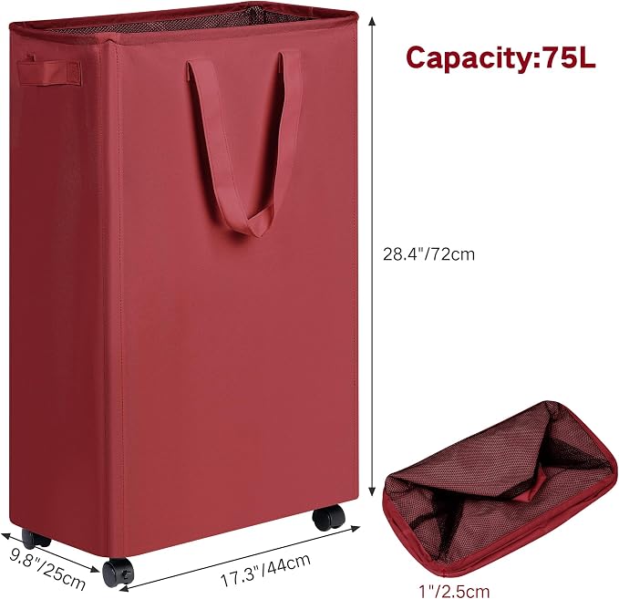 efluky Slim Laundry Hamper with Wheels, Rolling Laundry Basket for Clothes, Small Laundry Basket for Bedroom, Dorm and Laundry Room, 75L (19.8 Gallons) Burgundy Red