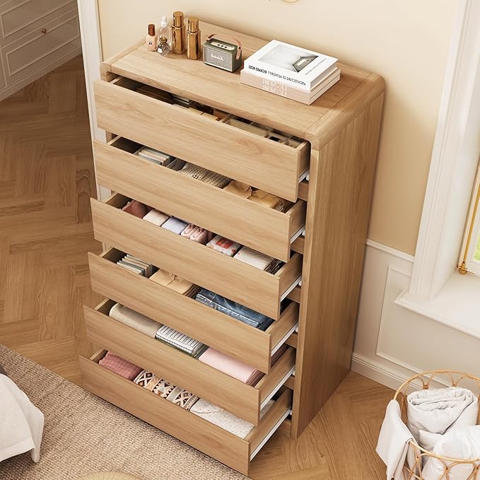 TEENFON Tall Dresser for Bedroom with 6 Drawers, 49.2" Tall Dressers & Chest of Drawers with Curved Profile Design, Wood Closet Storage Dressers Organizer for Bedroom, Living Room, Natural