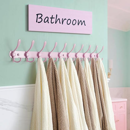 Dseap Coat Rack Wall Mount - 38” Long 10-Tri-Hooks Heavy Duty Coat Hanger Rail Wall Hooks for Hanging Coats Hats Clothing Clothes Purse Mudroom Entryway, Pink