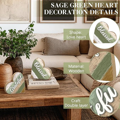 Jetec 2 Pcs Rustic Table Decorations for Living Room Home Decor Farmhouse Valentines Day Centerpiece Small Love Wooden Heart Decor for Dining Room Shelf Valentines Gift Decoration(Blessed Style)