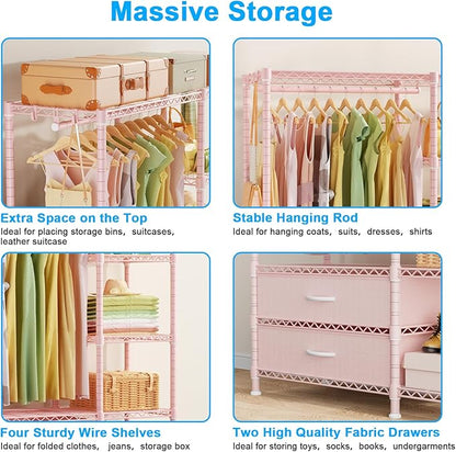 Ulif F3 Heavy Duty Clothes Rack（With Fabric Drawers）Freestanding Clothing Racks for Hanging Clothes，Adjustable Closet Organizer System，Portable Garment Rack 40" W x 15" D x 72" H，Max Load 700LBS，Pink