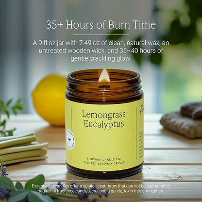 Fontana Candle Co Wood Wick Beeswax Jar Candles, Lemongrass Eucalyptus - Made with Coconut Oil & Pure Essential Oils – Clean Burn, Long Lasting and Non-Toxic Candles for Home & Room Decor