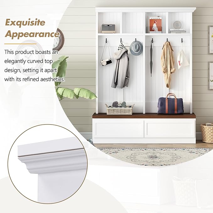 Merax Wood Hall Tree Entryway Bench with 6 Hooks, Farmhouse Mudroom Versatile Coat Racks with 2 Large Drawers Entrance Organizer for Hallway White