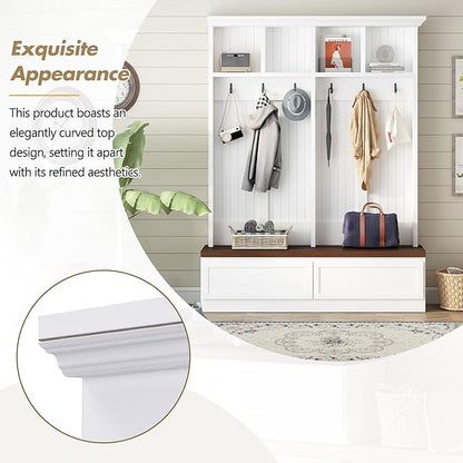 Merax Wood Hall Tree Entryway Bench with 6 Hooks, Farmhouse Mudroom Versatile Coat Racks with 2 Large Drawers Entrance Organizer for Hallway White