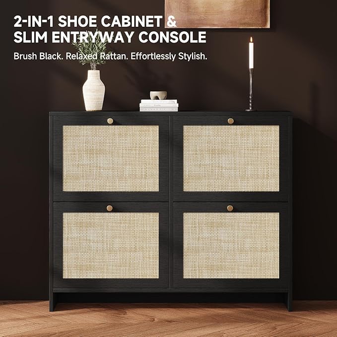 Nicetree Shoe Cabinet Storage for Entryway, 4-Flip Drawer Narrow Shoe Rack, Organic Modern Rattan Shoe Organizer with Gold Legs, Shoe Organizer Fits Men's Size 13.5, Black
