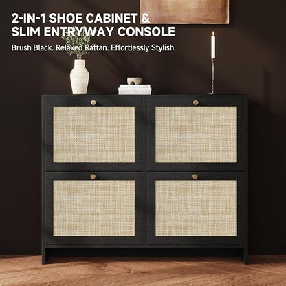 Nicetree Shoe Cabinet Storage for Entryway, 4-Flip Drawer Narrow Shoe Rack, Organic Modern Rattan Shoe Organizer with Gold Legs, Shoe Organizer Fits Men's Size 13.5, Black