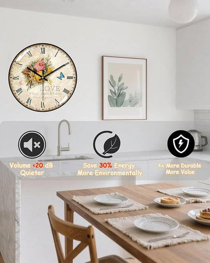 Decorative Wall Clocks Batterys Operated, Retro Wall Clock with Glass Dial, 12-Inch Dial with Roman Numerals, Silent and No Ticking, Suitable for Living Room, Bedroom, Dining Area, Workspace
