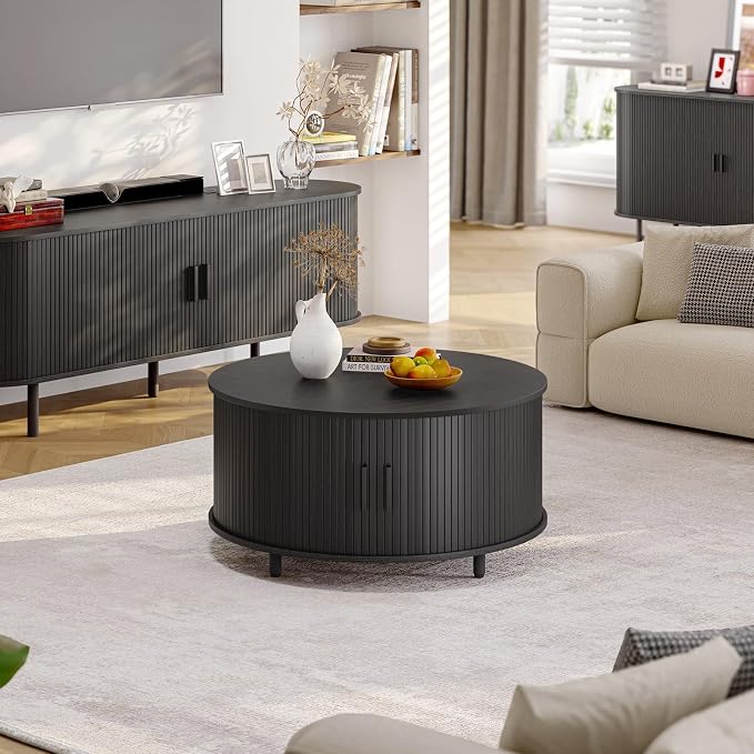 ONBRILL Round Coffee Table with Storage, 31.5" Modern Coffee Table with 360° Curved Sliding Door, Fluted Wood Accent Coffee Table with Adjustable Footpads, Round Center Table for Living Room, Black