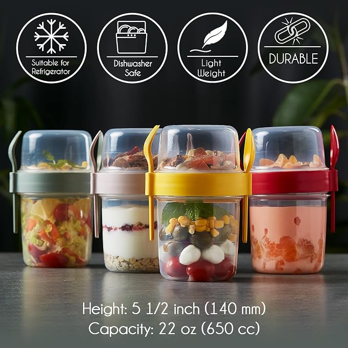 Crystalia 4 Pack 22 oz On The Go Yogurt Parfait Cups with Lids & Spoon, Large Breakfast Plastic Bowls with Topping Cereal Oatmeal Salad or Fruit Container for Snack Box