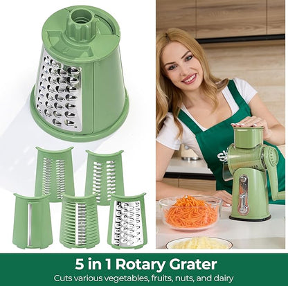 SUSTEAS Rotary Cheese Grater with Handle - Vegetable Shredder with 5 Well-designed Blades & Strong Suction Base,Round Mandoline Slicer & Food Chopper for Kitchen,with Blade Storage Box(Retro Green)